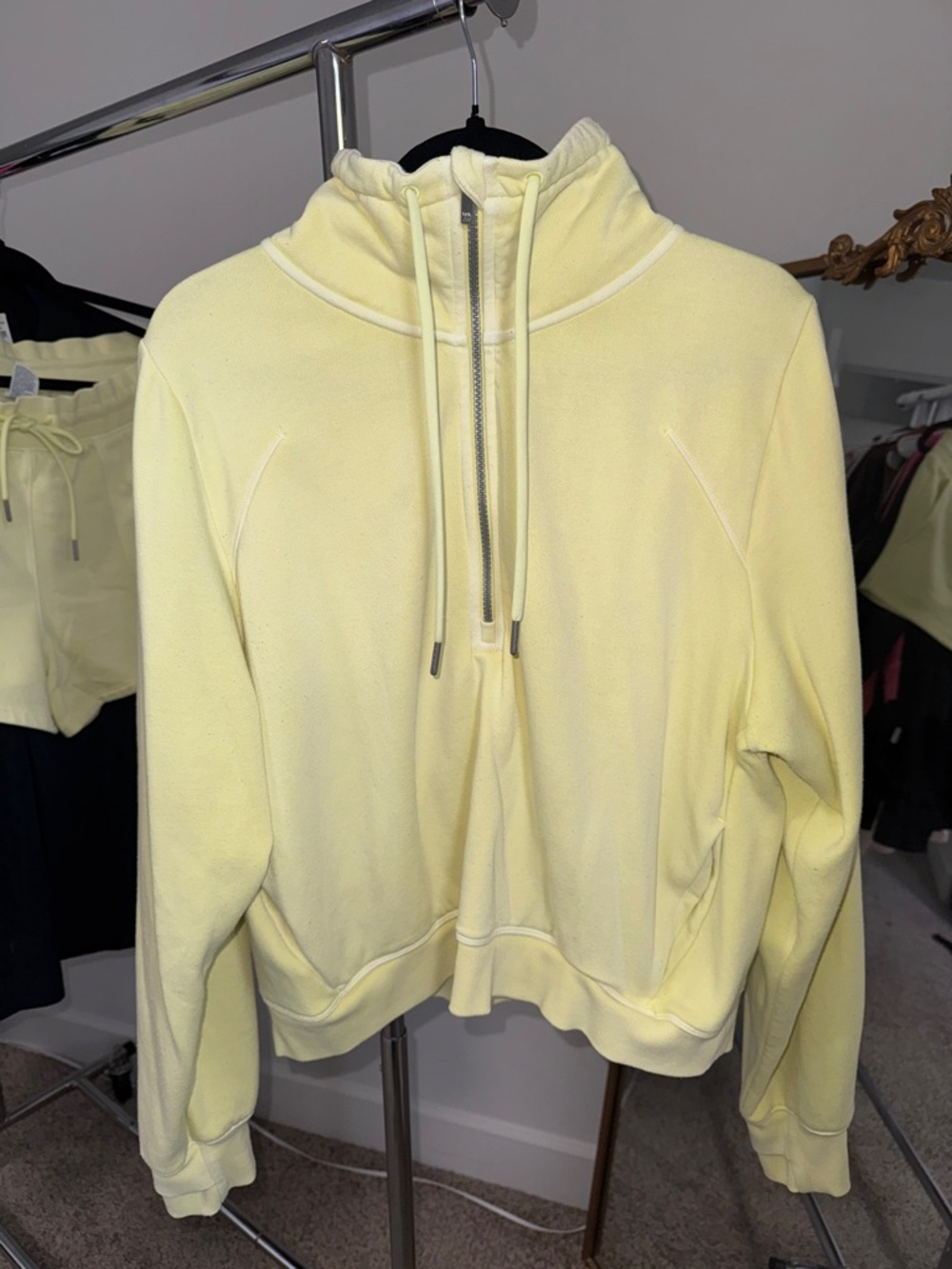 All in Motion Pale Yellow Half-Zip Hoodie with matching shorts